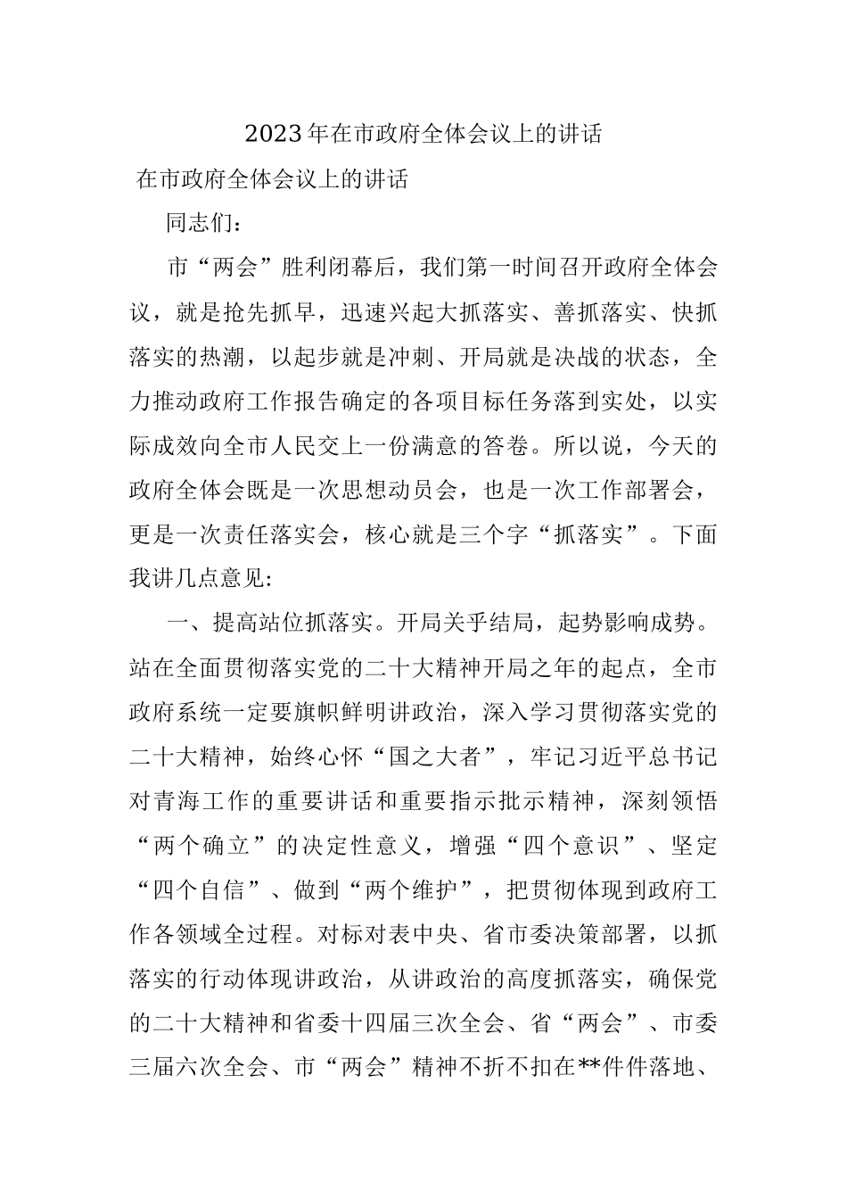 2023年在市政府全体会议上的讲话.docx_第1页