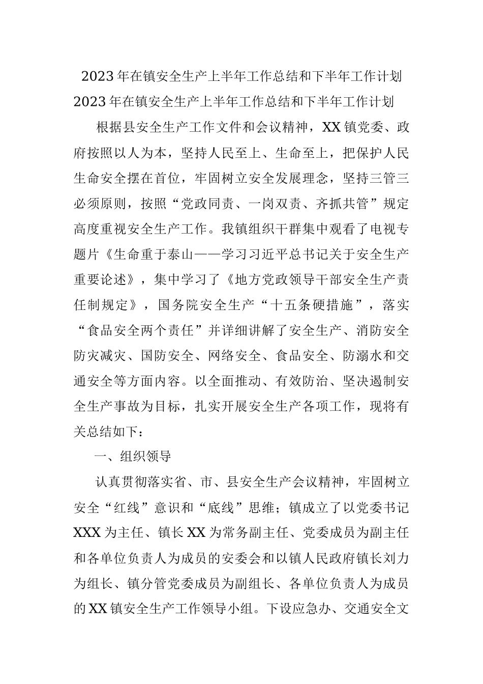 2023年在镇安全生产上半年工作总结和下半年工作计划.docx_第1页