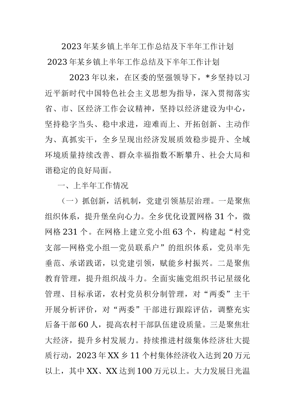 2023年某乡镇上半年工作总结及下半年工作计划.docx_第1页