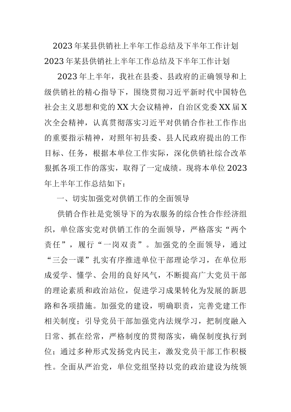 2023年某县供销社上半年工作总结及下半年工作计划.docx_第1页