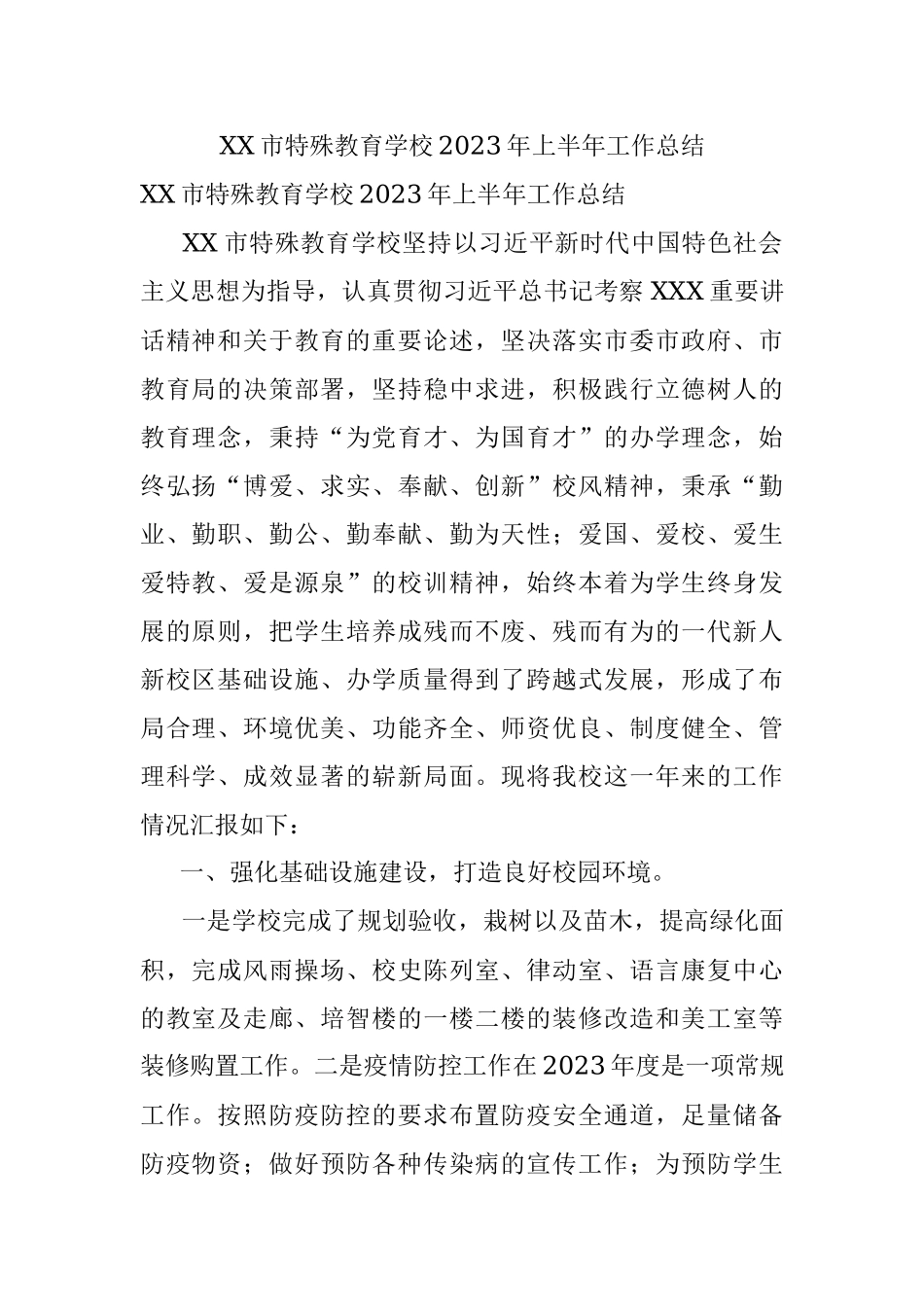 XX市特殊教育学校2023年上半年工作总结.docx_第1页