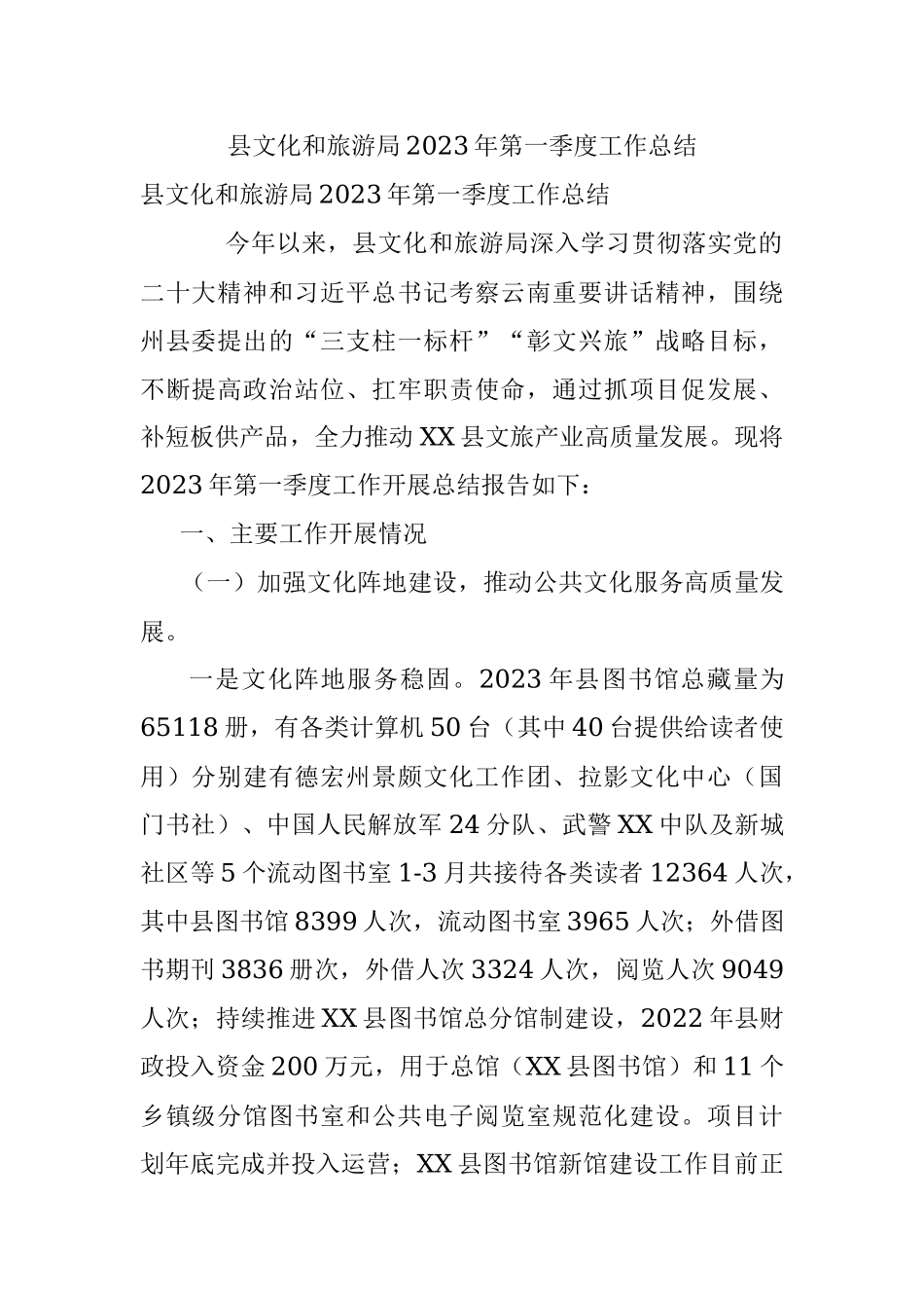 县文化和旅游局2023年第一季度工作总结.docx_第1页