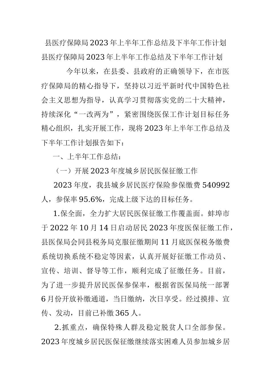 县医疗保障局2023年上半年工作总结及下半年工作计划.docx_第1页