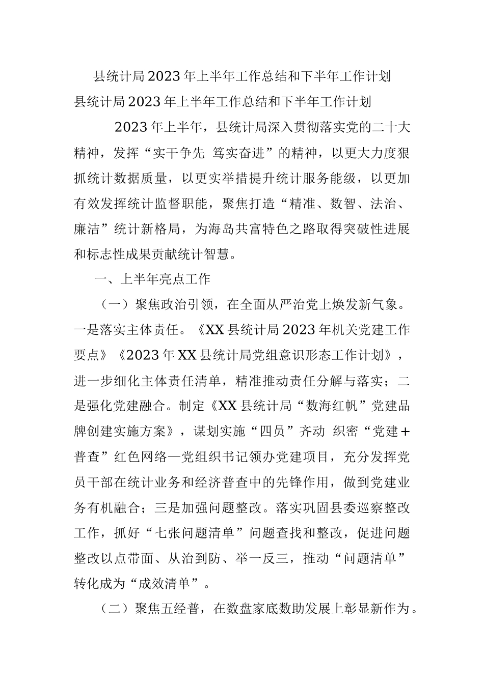 县统计局2023年上半年工作总结和下半年工作计划.docx_第1页