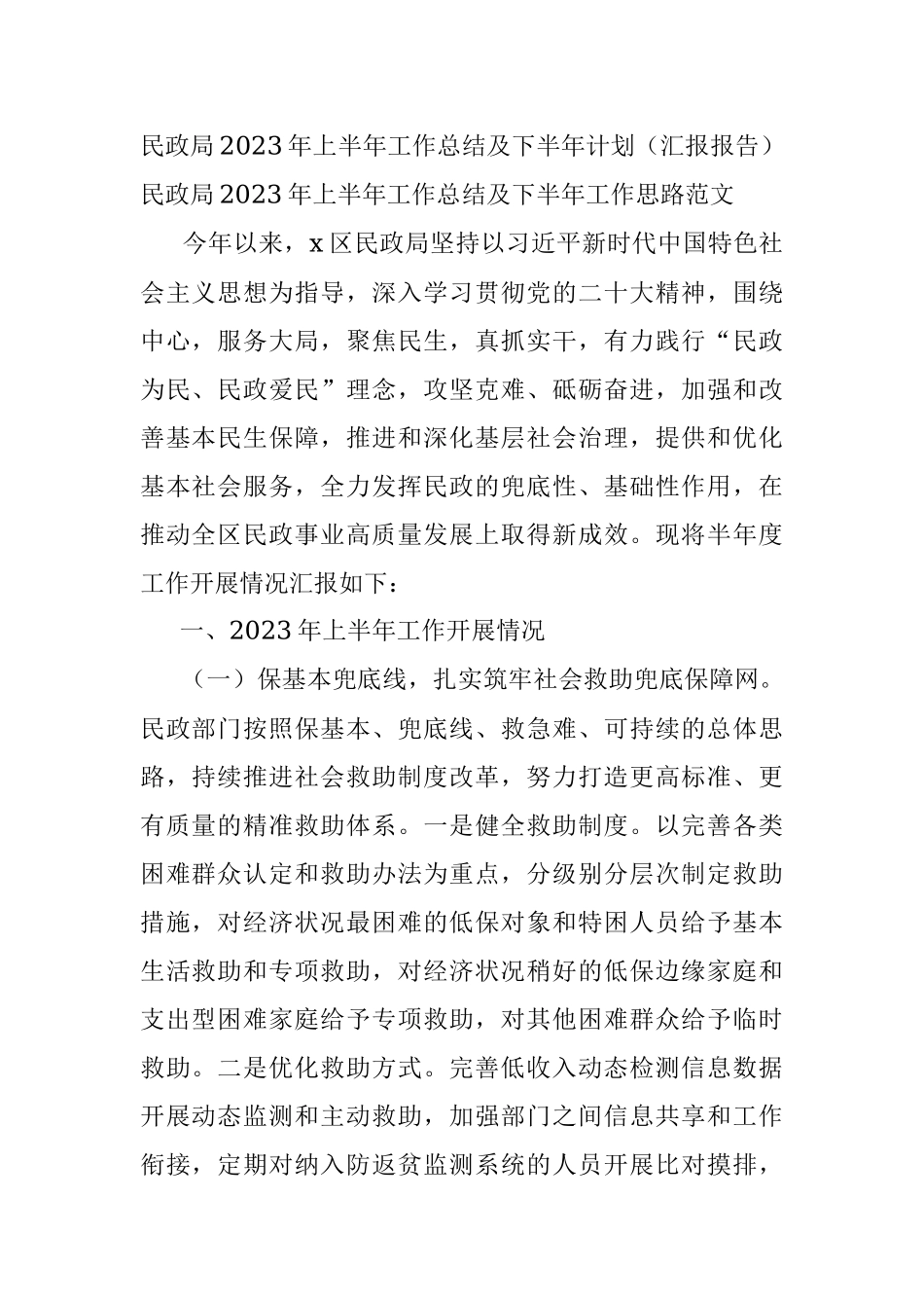 民政局2023年上半年工作总结及下半年计划（汇报报告）.docx_第1页