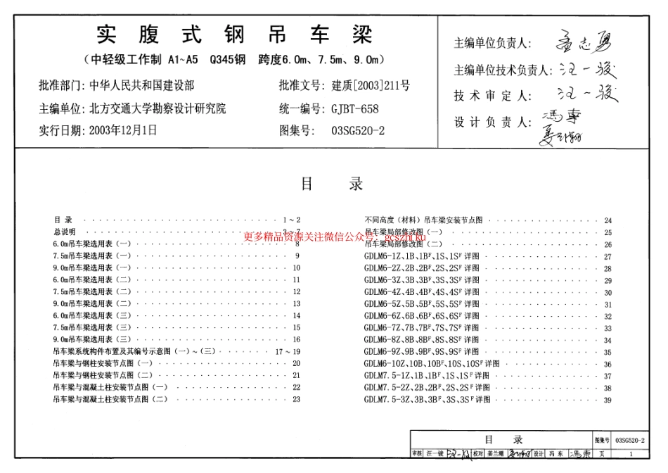 03SG520-2 实腹式钢吊车梁(中轻级工作制 A1～A5 Q345钢 跨度6m,7.5m,9m).pdf_第1页