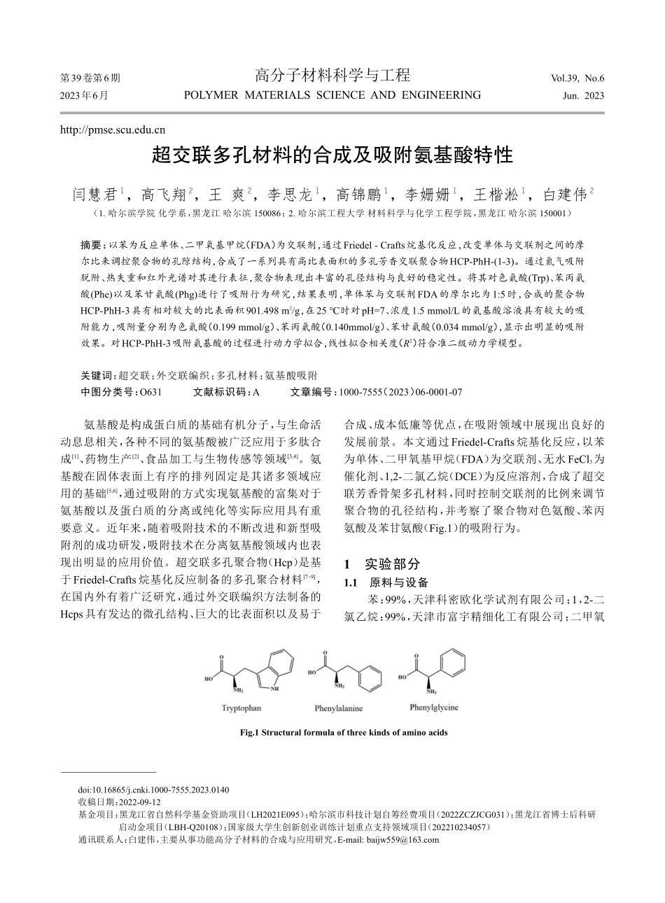 超交联多孔材料的合成及吸附氨基酸特性.pdf_第1页