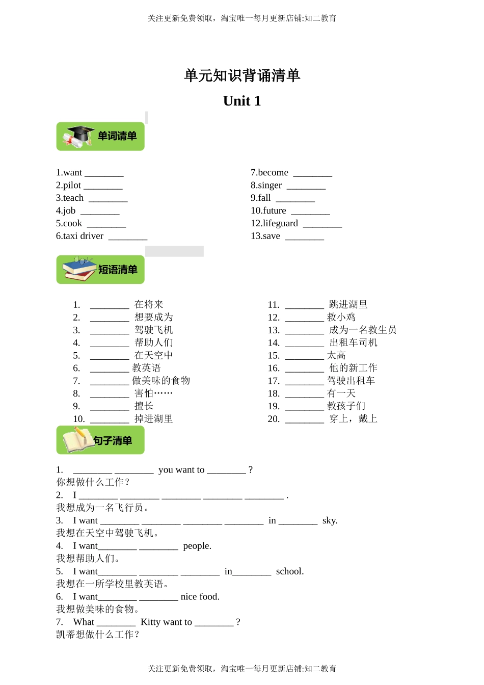 牛津版五年级上册英语单元知识背诵清单-Unit 1 My future(含答案）.doc_第1页