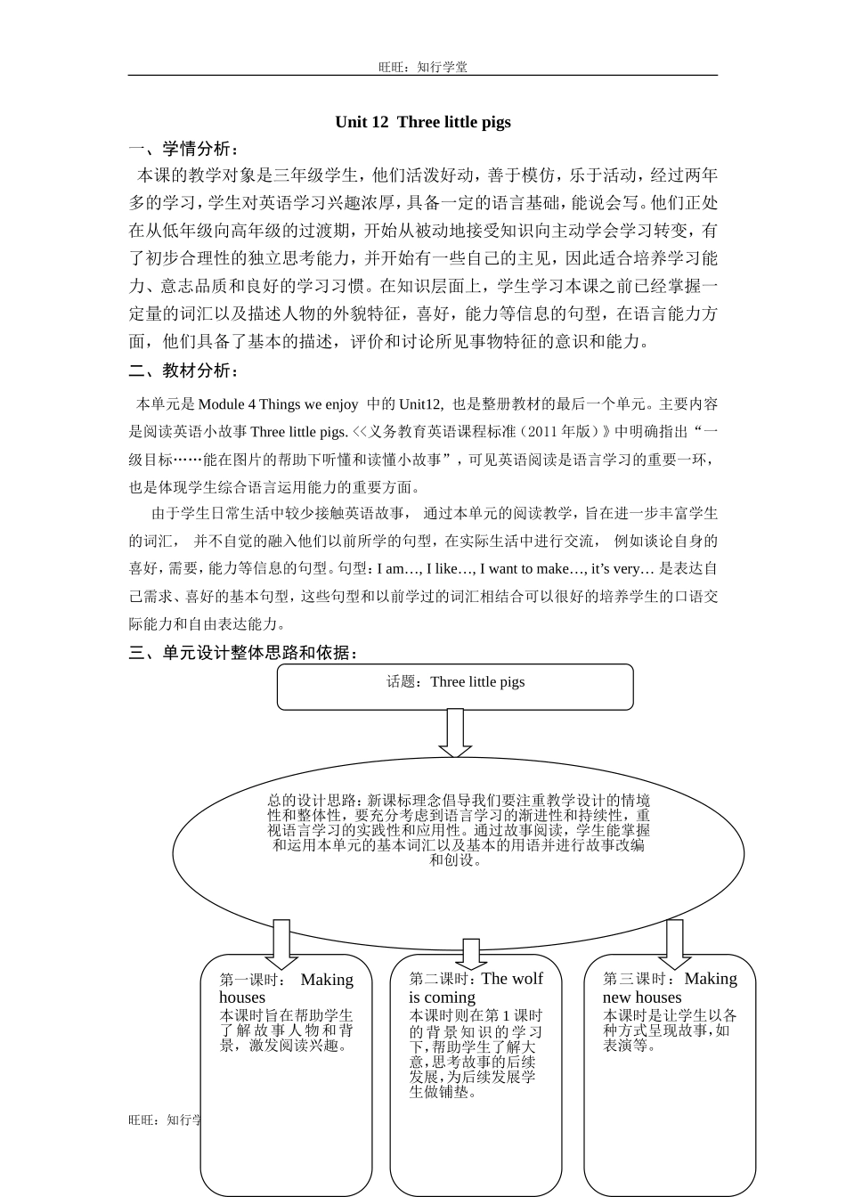牛津上海版三下Unit 12《Three little pigs》（第1课时）word教案【旺旺：知行学堂】.doc_第1页