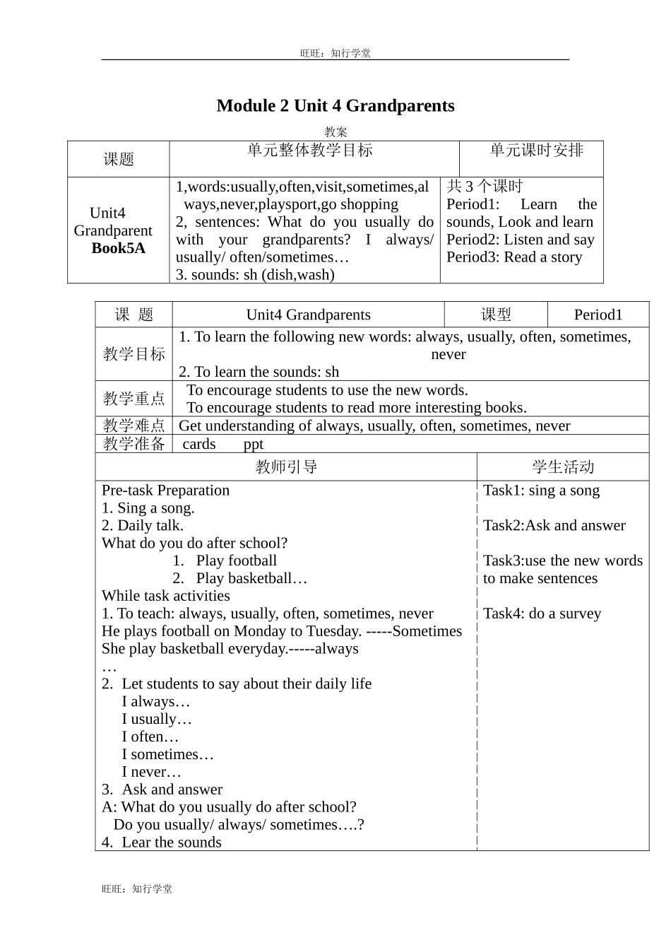 牛津上海版五上Unit 4《Grandparents》word表格式教案（3课时）【旺旺：知行学堂】.doc_第1页