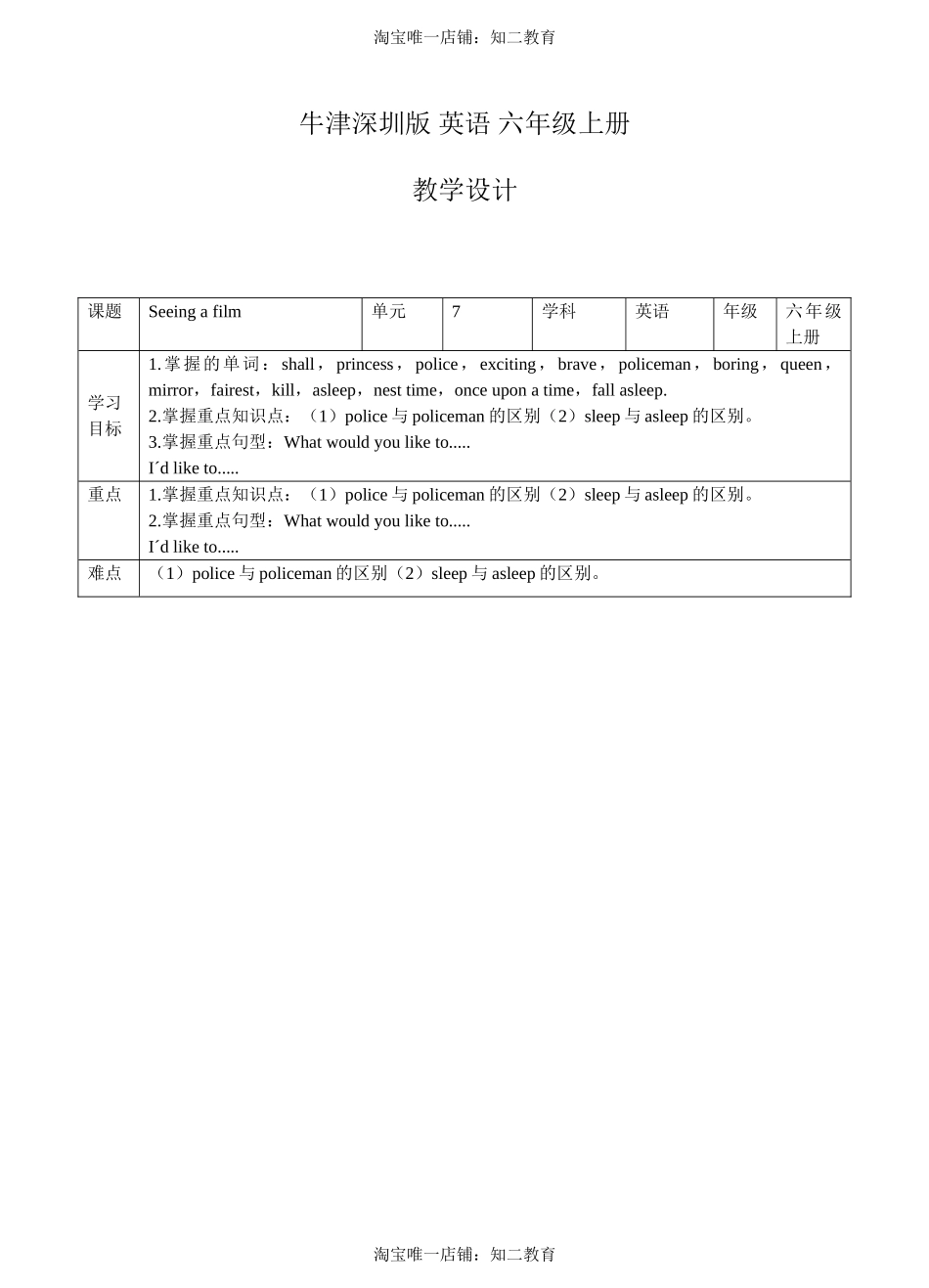 牛津深圳版 六年级上册英语 Unit 7 教案第一课时.doc_第1页