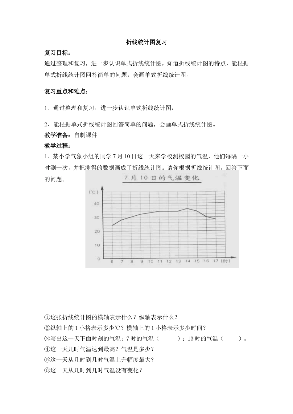【沪教版六年制】四年级下册 第三单元折线统计图复习 教案.doc_第1页
