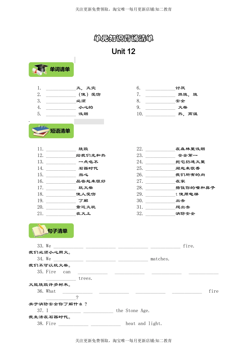 【挖空式】Module 4 Unit 12 Fire 单元知识背诵清单 （含答案）.doc_第1页