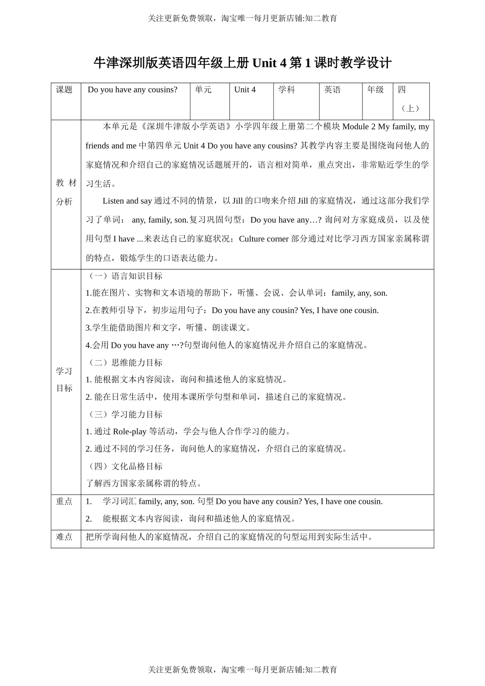 【新课标】Unit4 Do you have any cousins？ Listen and say Culture corner教案.doc_第1页