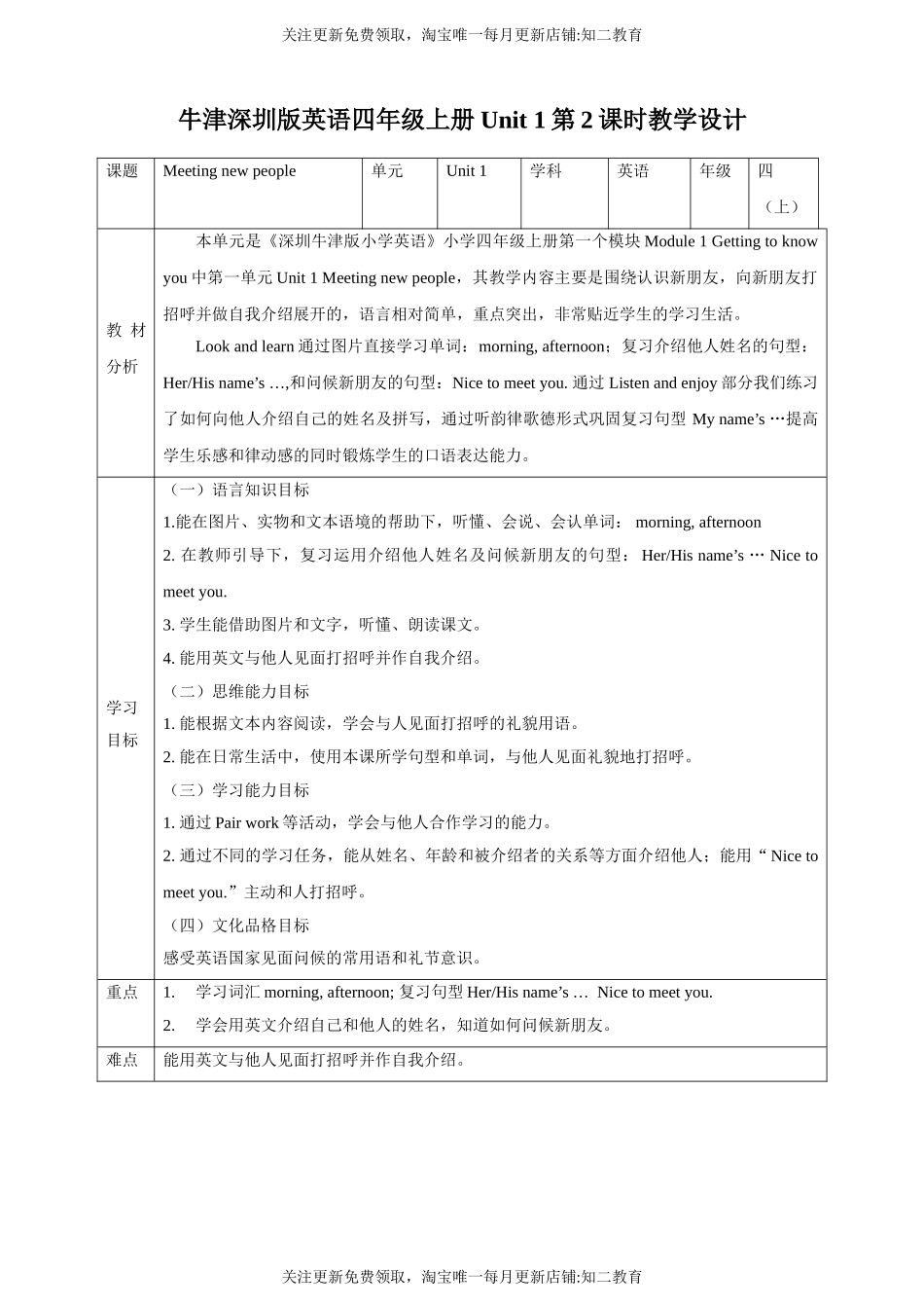 【新课标】Unit 1 Meeting new people Look and learn Listen and enjoy教案.doc_第1页