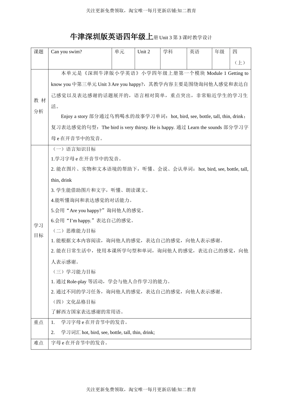 【新课标】Unit 3 Are you happy？ Enjoy a story Learn the sounds教案.doc_第1页
