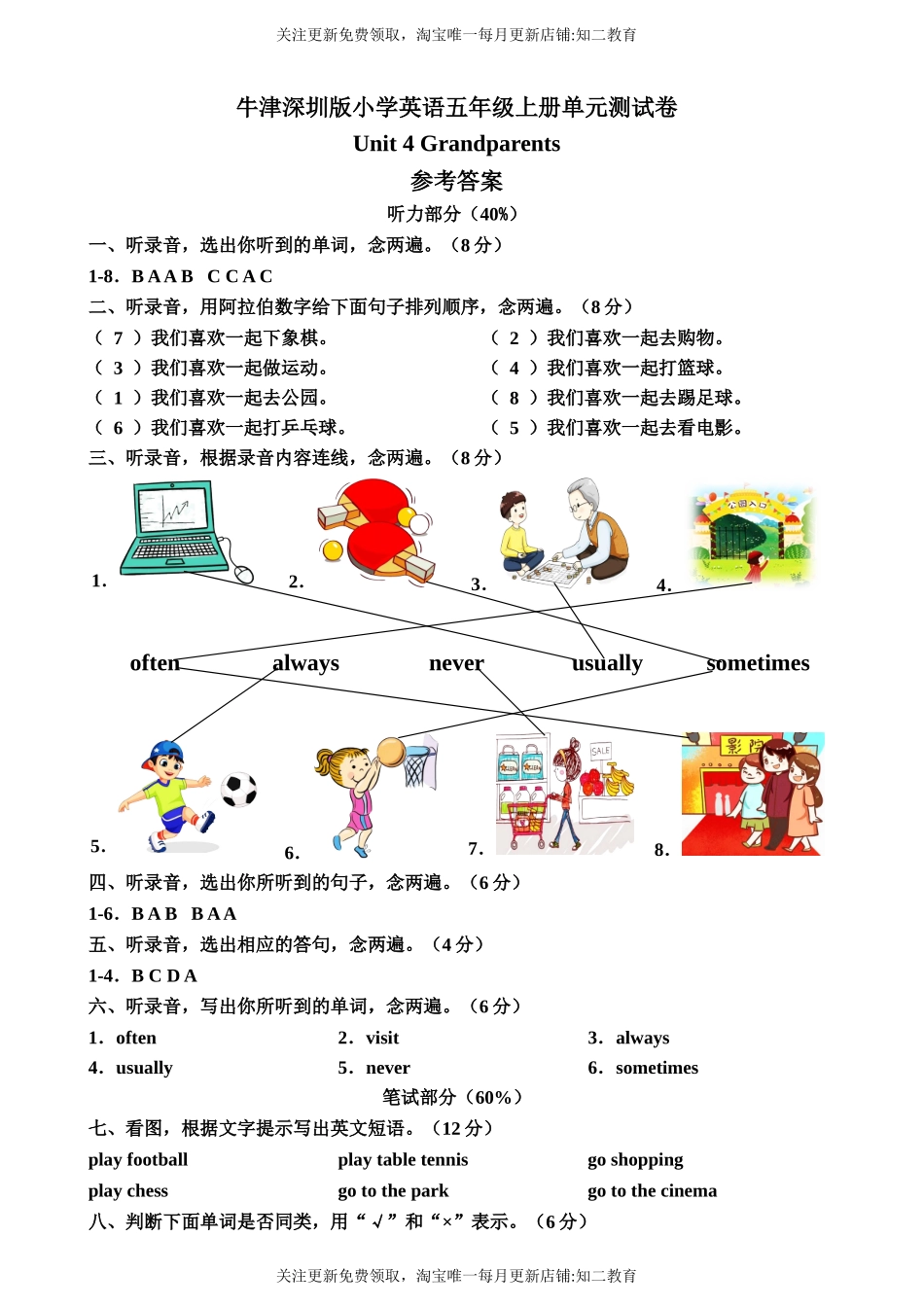 （参考答案）牛津深圳版五年级上册 Unit 4 Grandparents 单元测试卷.doc_第1页