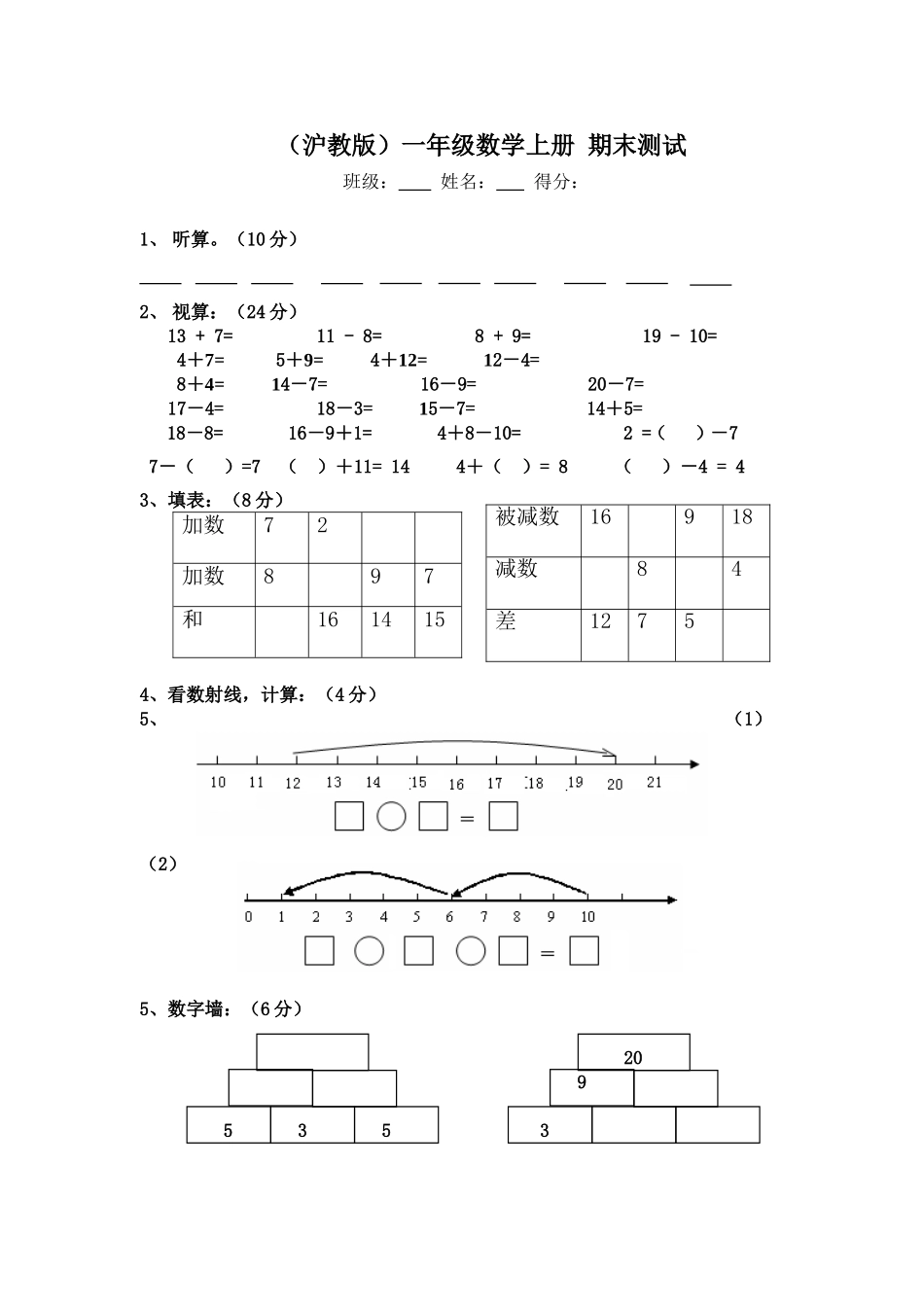 （沪教版）一年级数学上册 期末测试.doc_第1页