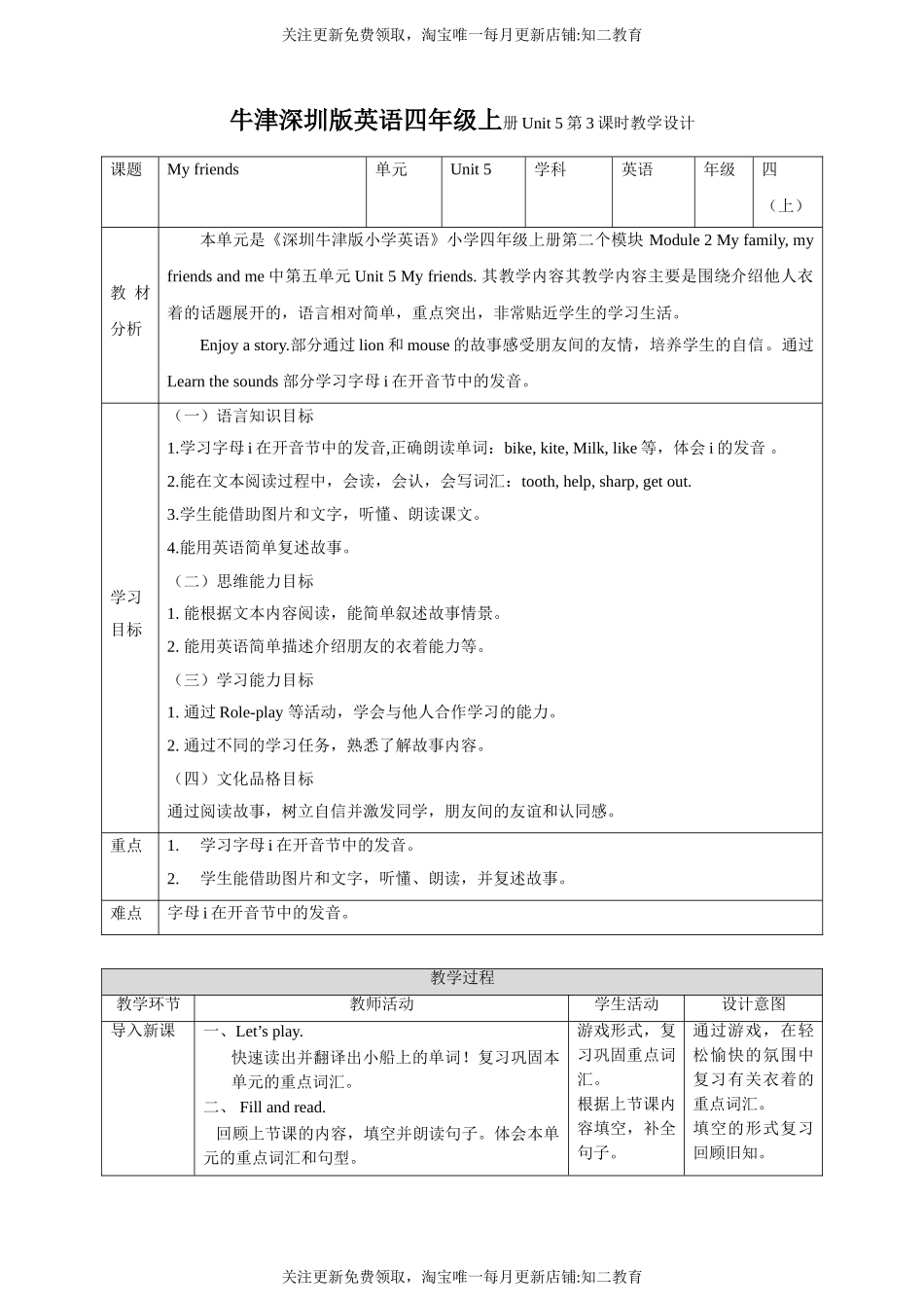 【核心素养目标】Unit5 My friends Enjoy a story Learn the sounds教案.doc_第1页