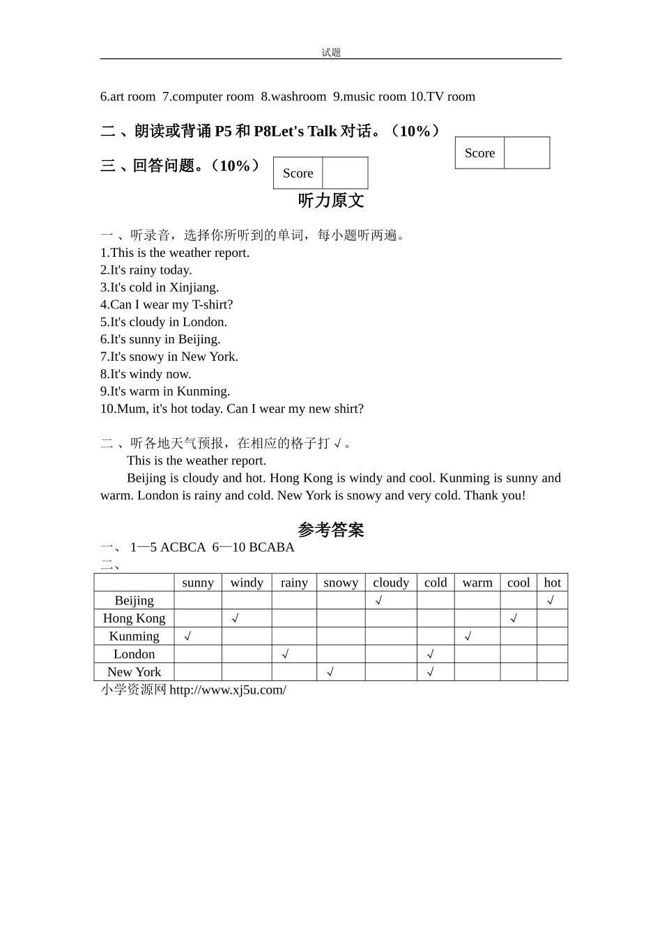 人教版小学四年级英语下册unit4 It's Warm Today单元测试卷1带答案.doc_第3页