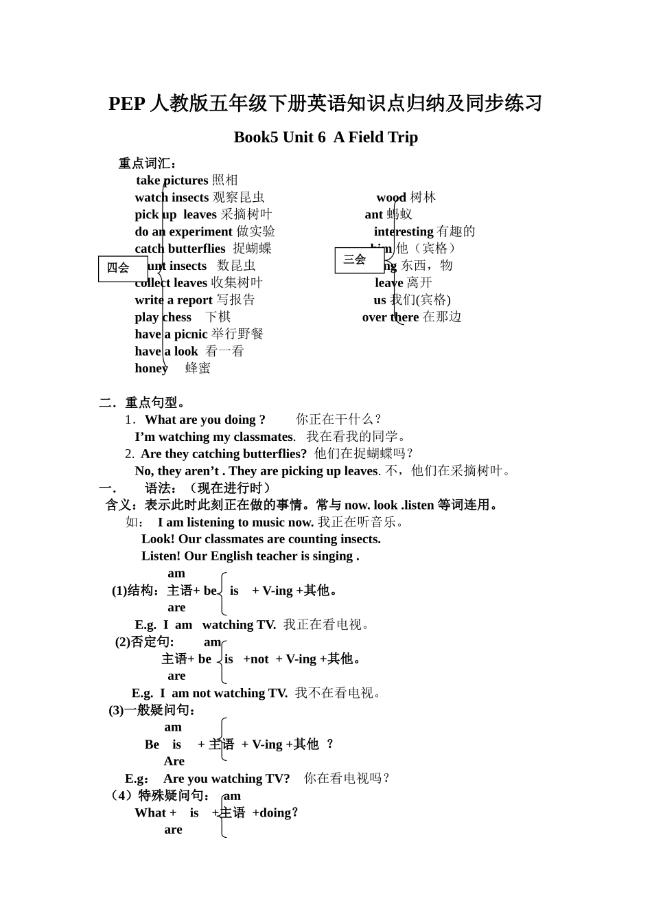 人教PEP版五年级下册英语Unit6知识点归纳及同步练习.docx_第1页