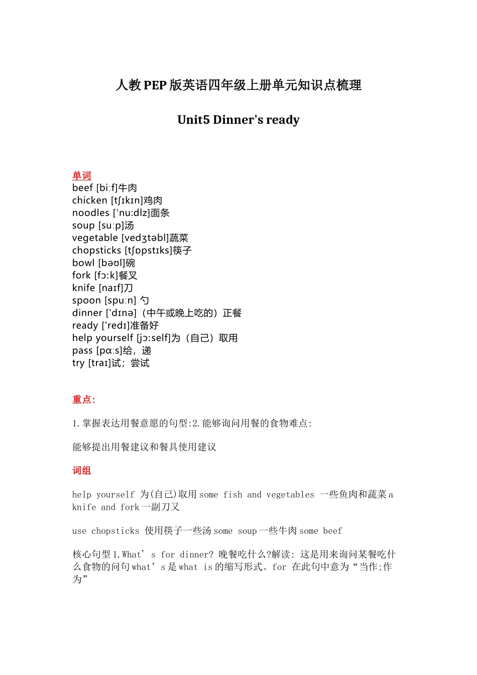 人教PEP版英语四年级上册Unit5单元知识点梳理.docx_第1页