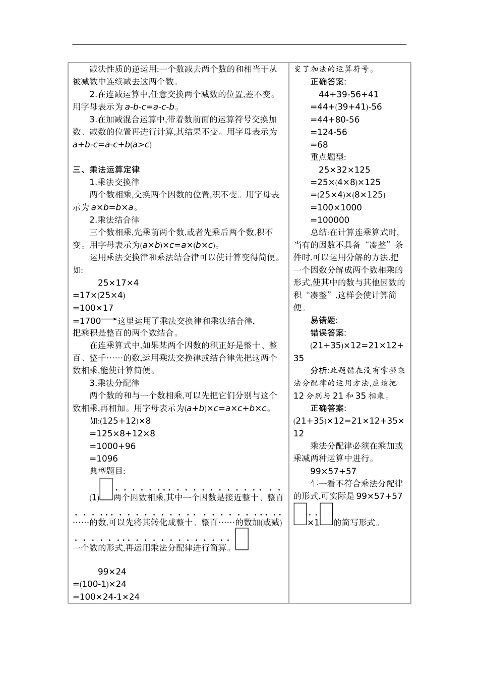 人教版四年级数学下册期末单元复习试题（含答案）：3.运算定律.docx_第2页