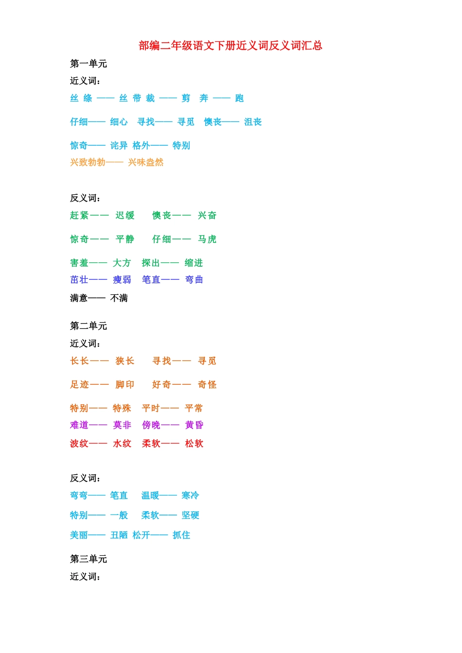 部编二年级语文下册近义词反义词汇总.docx_第1页