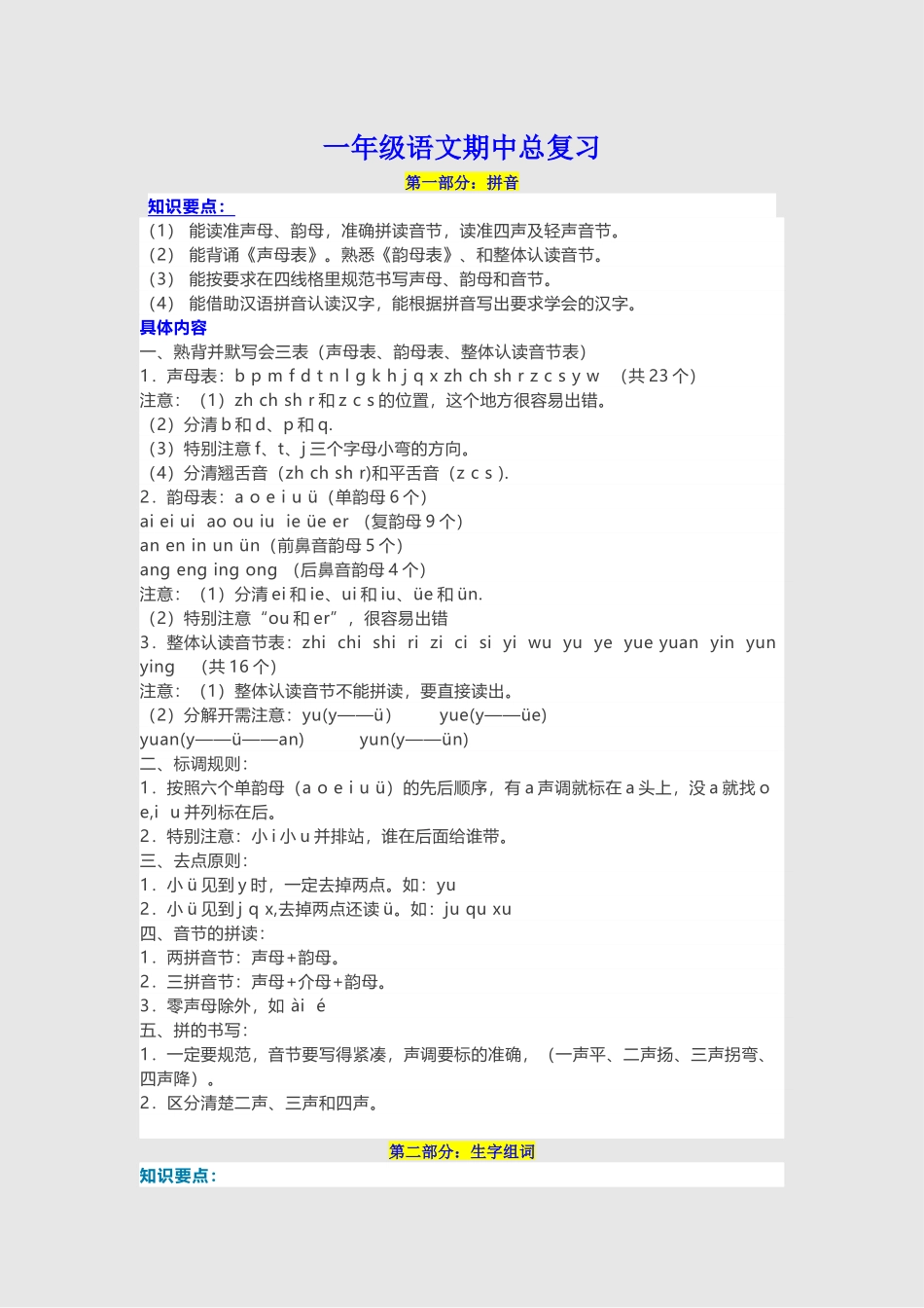 部编一年级语文上册-语文期中必备考点汇总.docx_第1页