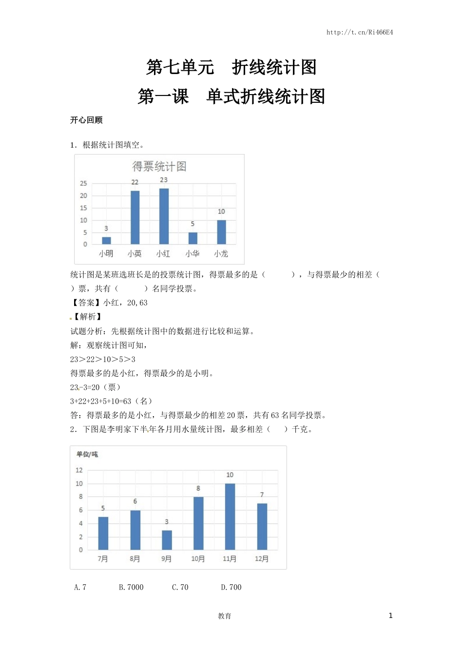【精品】五年级下册数学同步讲练测-第七单元第1课 单式折线统计图-人教新课标（喜子的商铺）.docx_第1页
