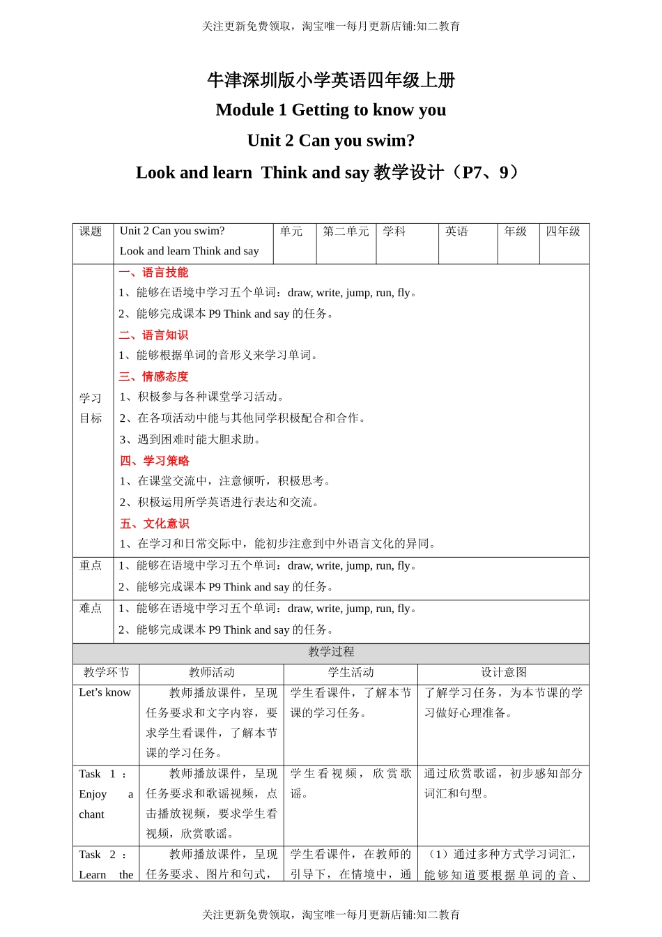 Unit 2 Can you swim Look and learn Think and say 教案.docx_第1页