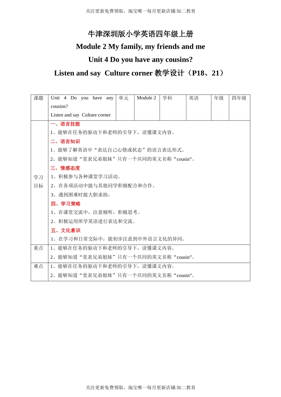 Unit 4 Do you have any cousins Listen and say Culture corner 教案.docx_第1页