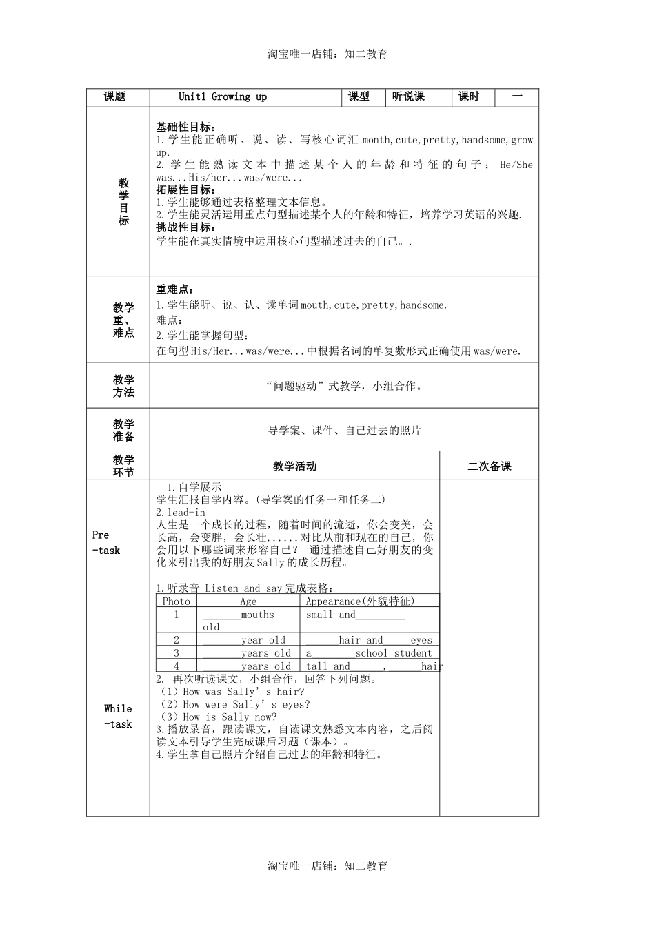 Module 1 Getting to know each other Unit 1 Growing up 教案（表格式）.docx_第3页