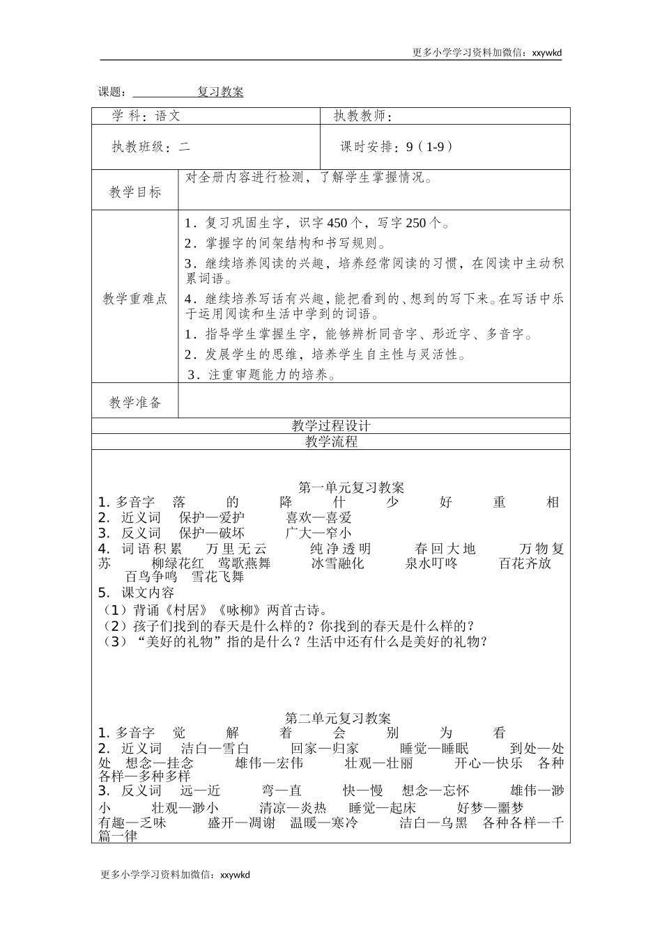 部编版二年级语文（下册）期末复习教案1.doc_第1页