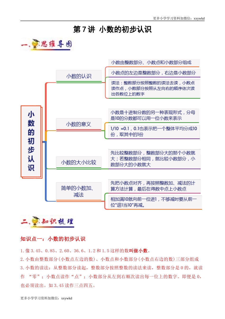 第7讲 小数的初步认识（学生版）（知识梳理+典例分析+举一反三+阶梯训练）人教版 .docx_第1页