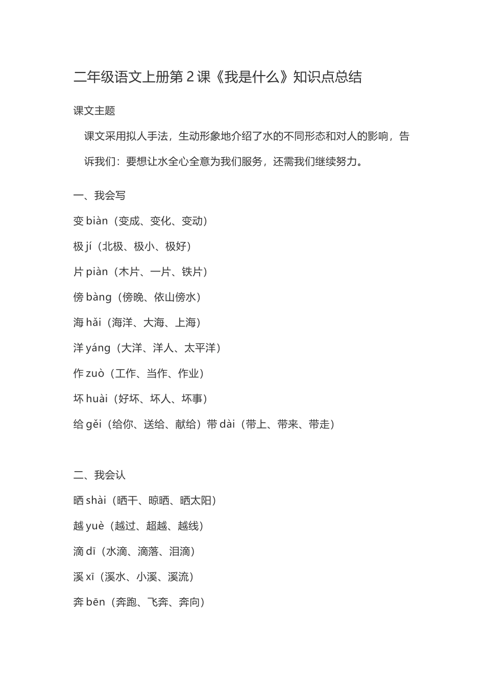 二（上）语文第2课《我是什么》重点及主题归纳 (2).docx_第1页