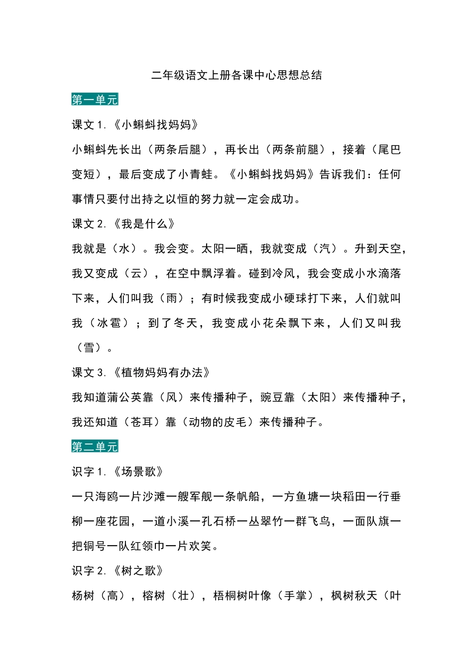 二（上）语文期末 全册各课中心思想 (2).docx_第1页