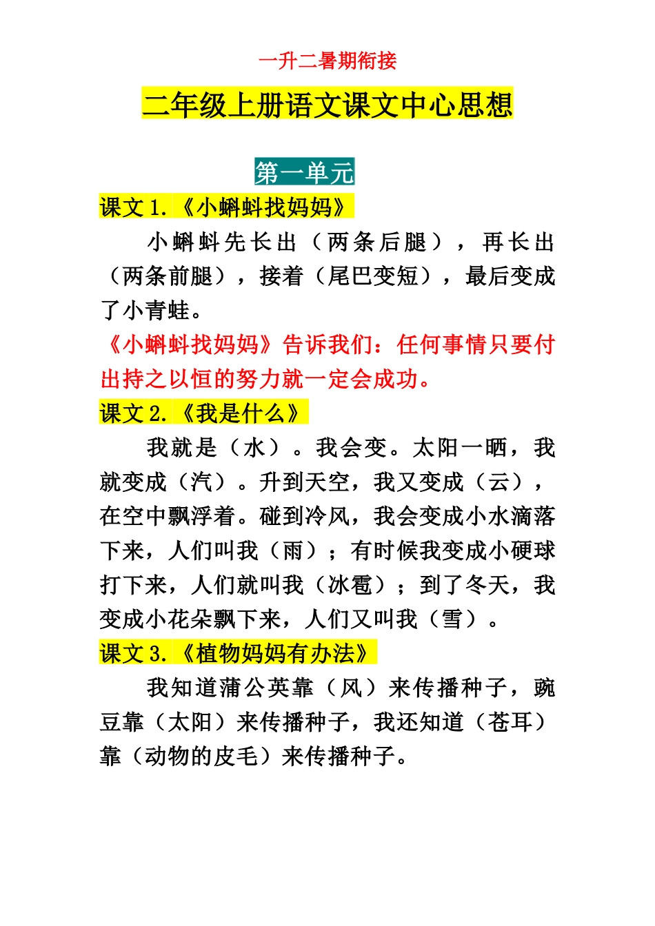 统编版二年级语文中心思想总结.docx_第1页