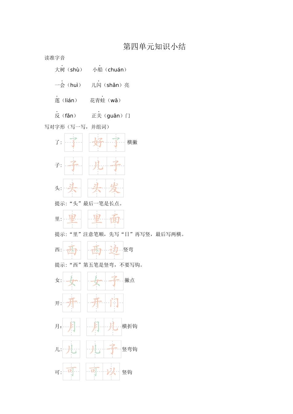 一年级语文第四单元知识小结.docx_第1页