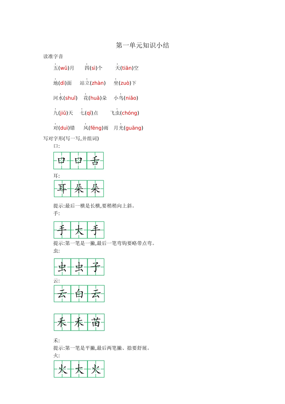 一年级语文第一单元知识小结.docx_第1页