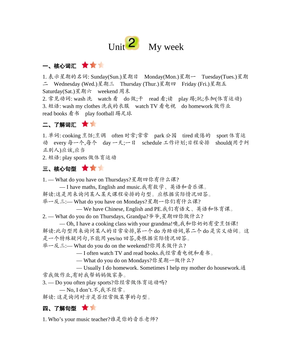 五（上）人教PEP：Unit 2 知识清单(1).docx_第1页