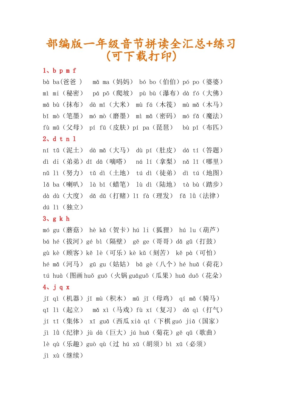 一年级音节拼读组词全汇总+练习.doc_第1页