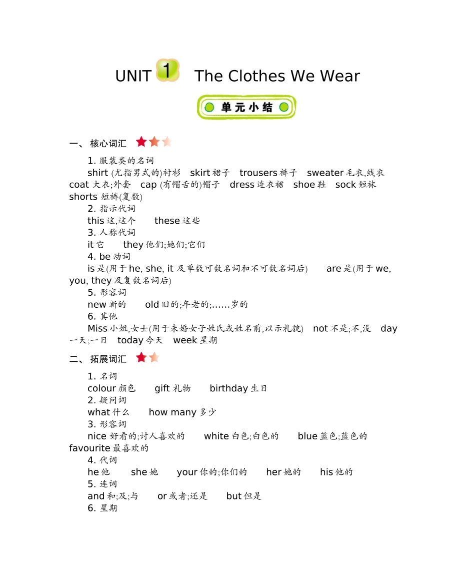 四（上）冀教版英语 Unit 1 知识重点.docx_第1页
