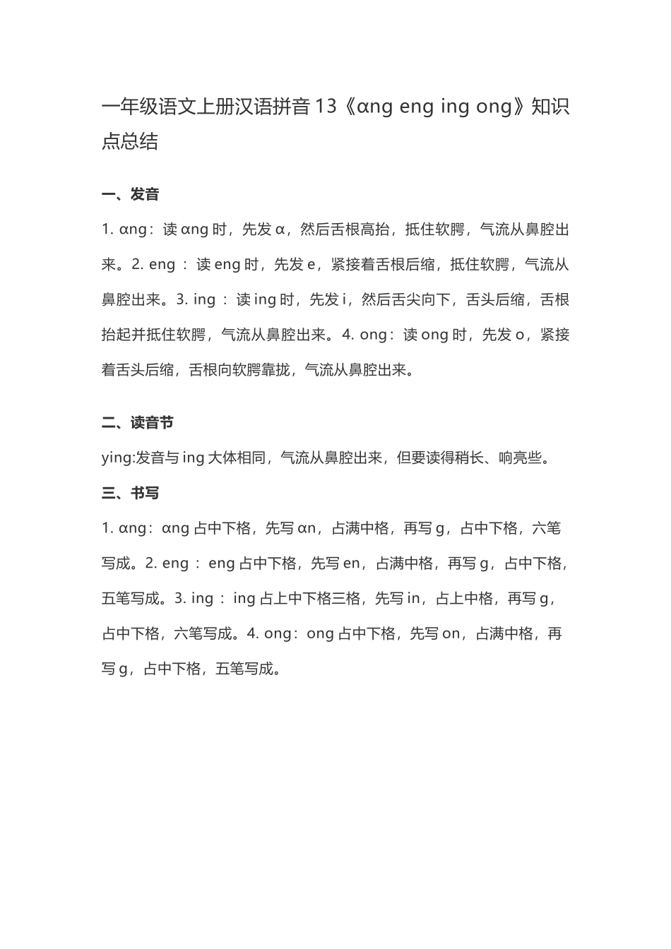 一（上）语文汉语拼音13《ɑng eng ing ong》重点知识总结.docx_第1页