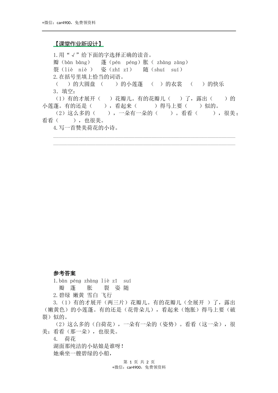 3荷花（课时练）第二课时 .docx_第1页