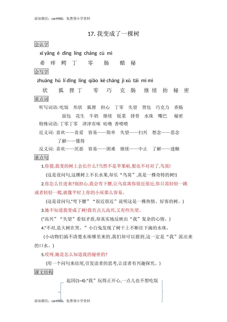 三年级下册语文素材- 17.我变成了一棵树 知识点总结 人教（部编版）.docx_第1页