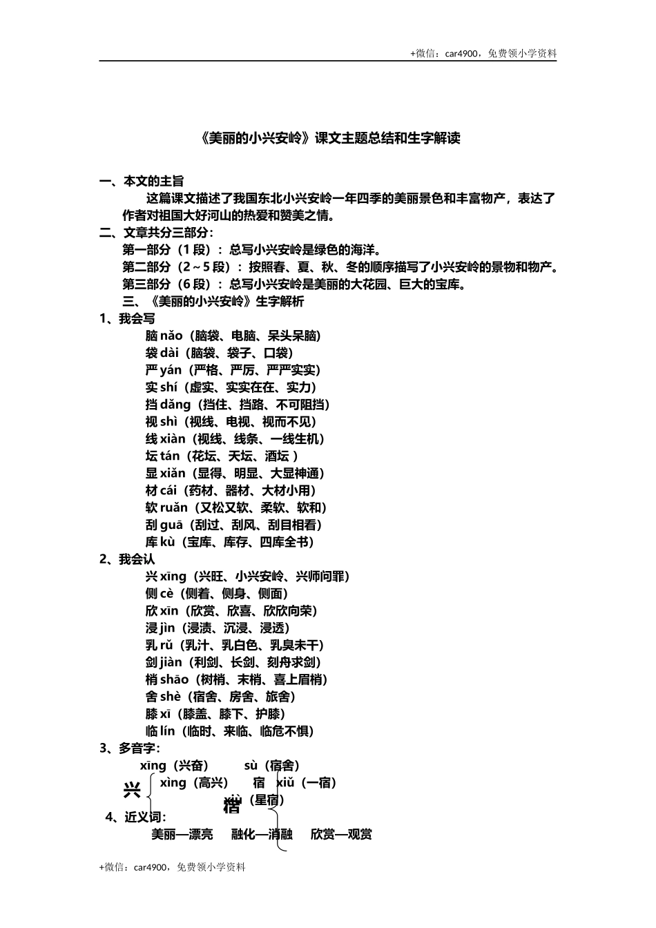 三(上)语文第20课《美丽的小兴安岭》课文主题总结和生字解读 .docx_第1页