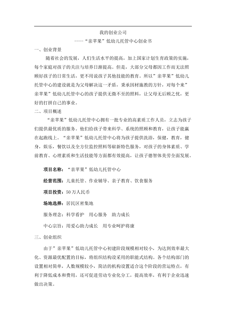 我的创业计划书之幼儿托管中心.docx_第1页