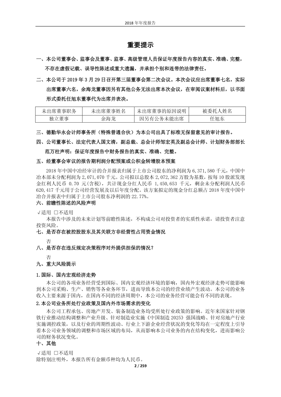 601618_2018_中国中冶_2018年年度报告_2019-03-29.pdf_第2页