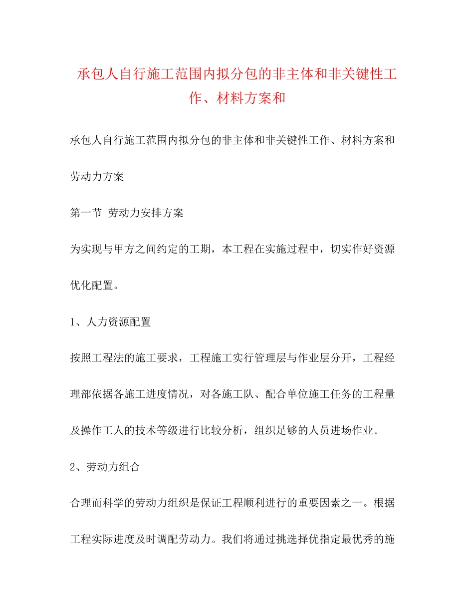 2023年承包人自行施工范围内拟分包的非主体和非关键性工作材料计划和范文.docx_第1页